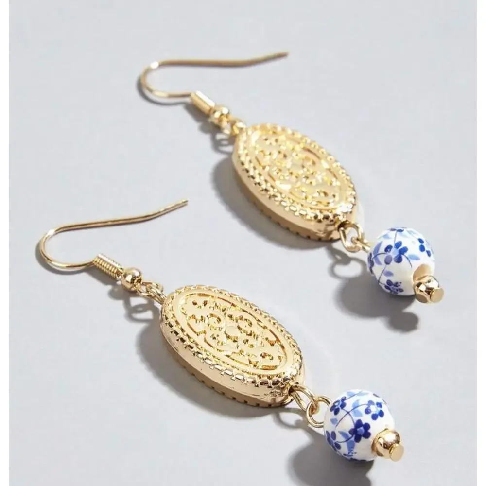 Chinoiserie Blue and White Beaded Drop Earrings